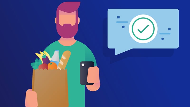 Ikon pria yang menggunakan ponselnya untuk berbelanja online mewakili verifikasi dan protokol pembayaran yang aman dengan otorisasi Visa EMV 3-D Secure